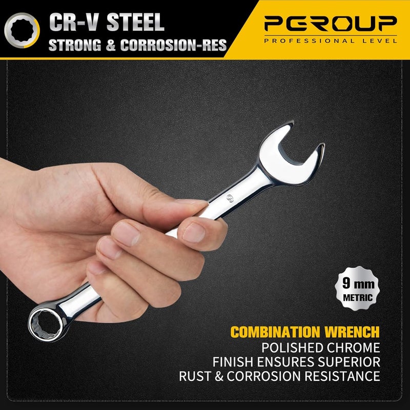pgroup 9mm Metric Combination Wrench, CR-V Steel with Mirror Polish, 12-Point Design, 15-Degree Offset, Perfect for Auto Repair, Household, Car & Truck Emergency - Image 4
